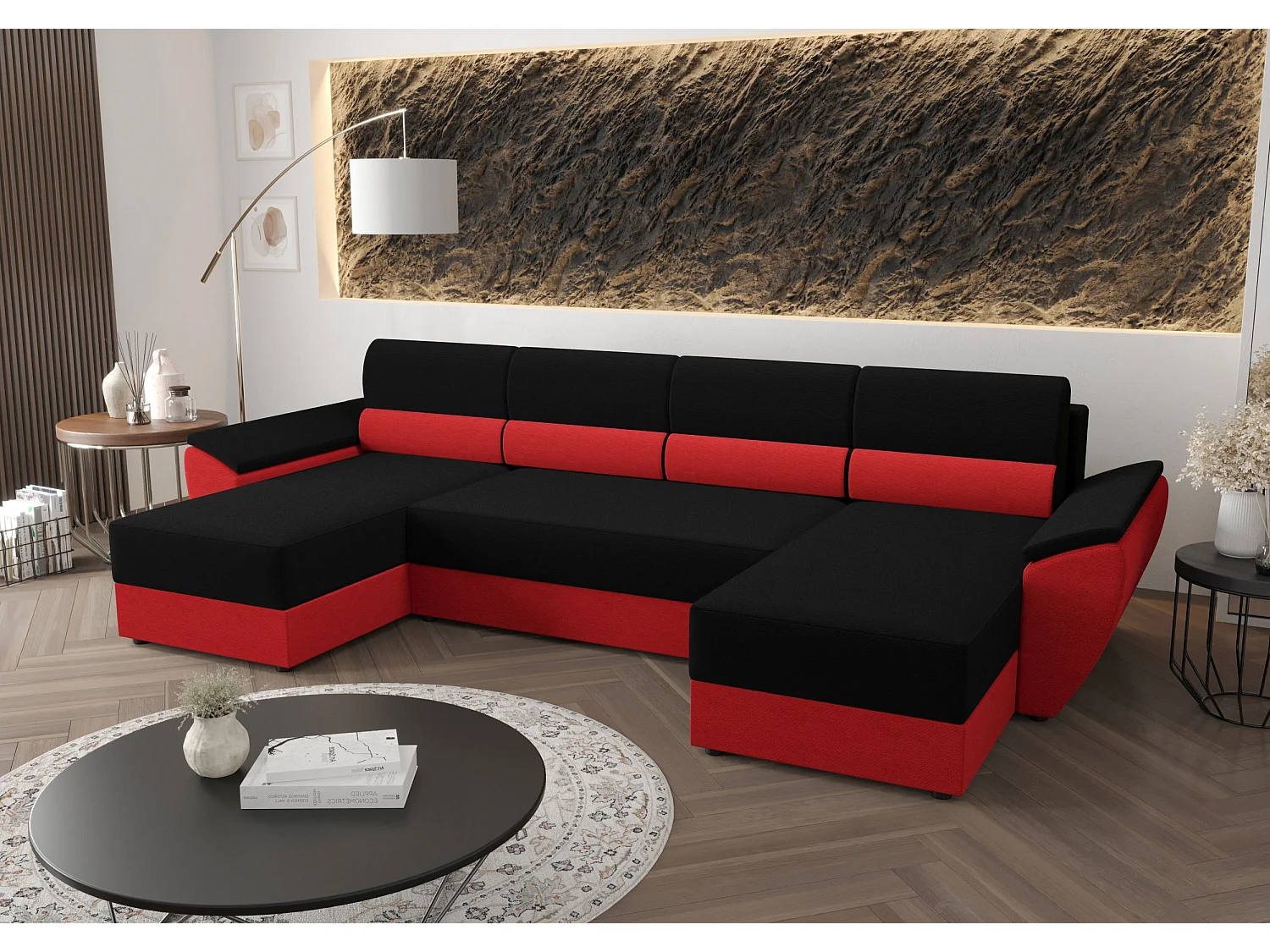 BEDANTE canapé d’angle REBIU2 RAINBOW 15+22 noir/rouge avec fonction de couchage canapé en U avec espace de rangement