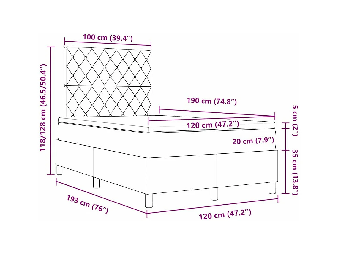 Lit à ressort LED avec matelas Gris foncé 120 x 190 cm tissu