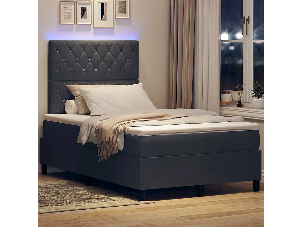 Cama Box Spring LED con colchón Gris oscuro 120 x 190 cm tela