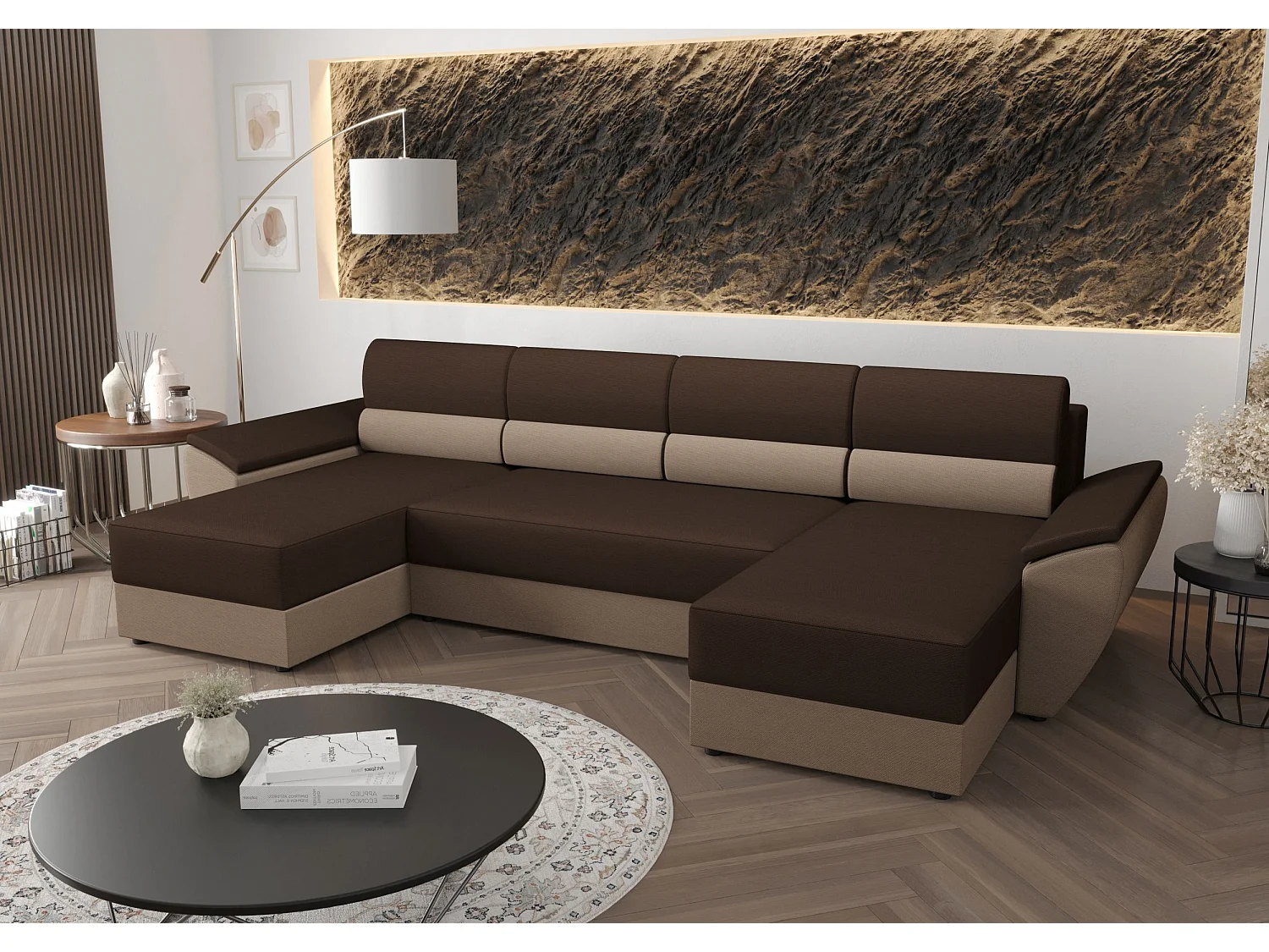 BEDANTE canapé d’angle REBIU2 RAINBOW 20+05 marron/beige avec fonction de couchage canapé en U avec espace de rangement