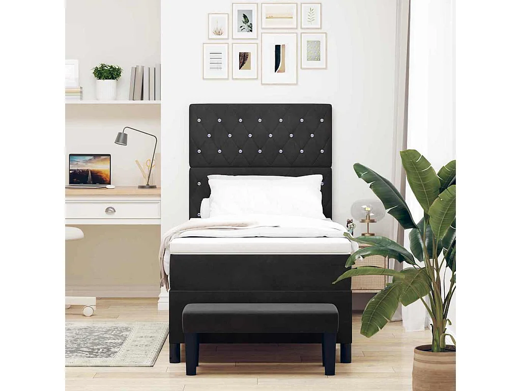 Lit à ressorts avec matelas Noir 100 x 200 cm Velours