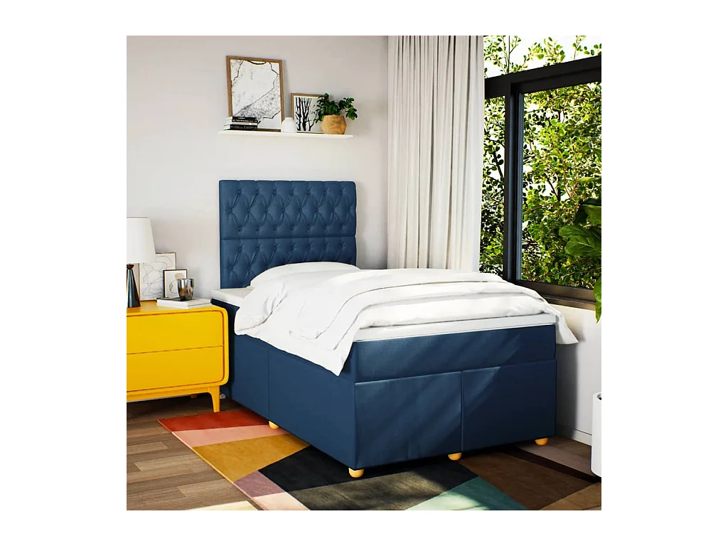 Cama box spring con colchón tela azul 120x190 cm