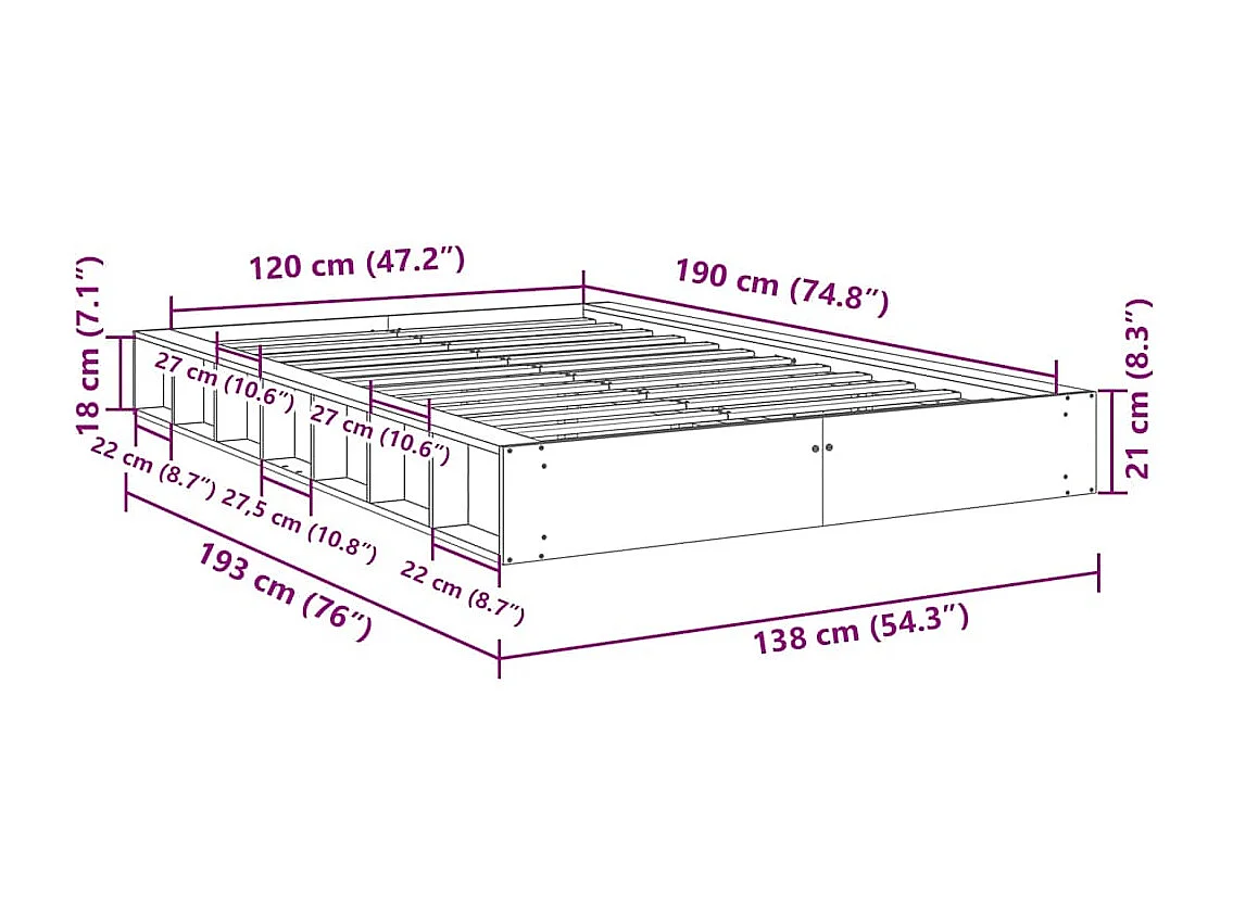 Cadre de lit sans matelas 120x190 cm bois massif de chêne