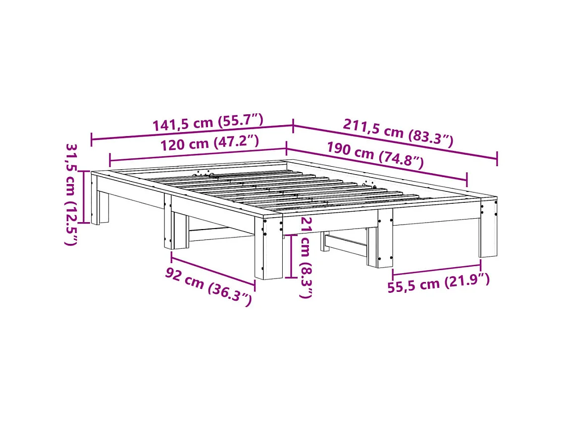 Cadre de lit sans matelas cire marron 120x190cm bois pin massif