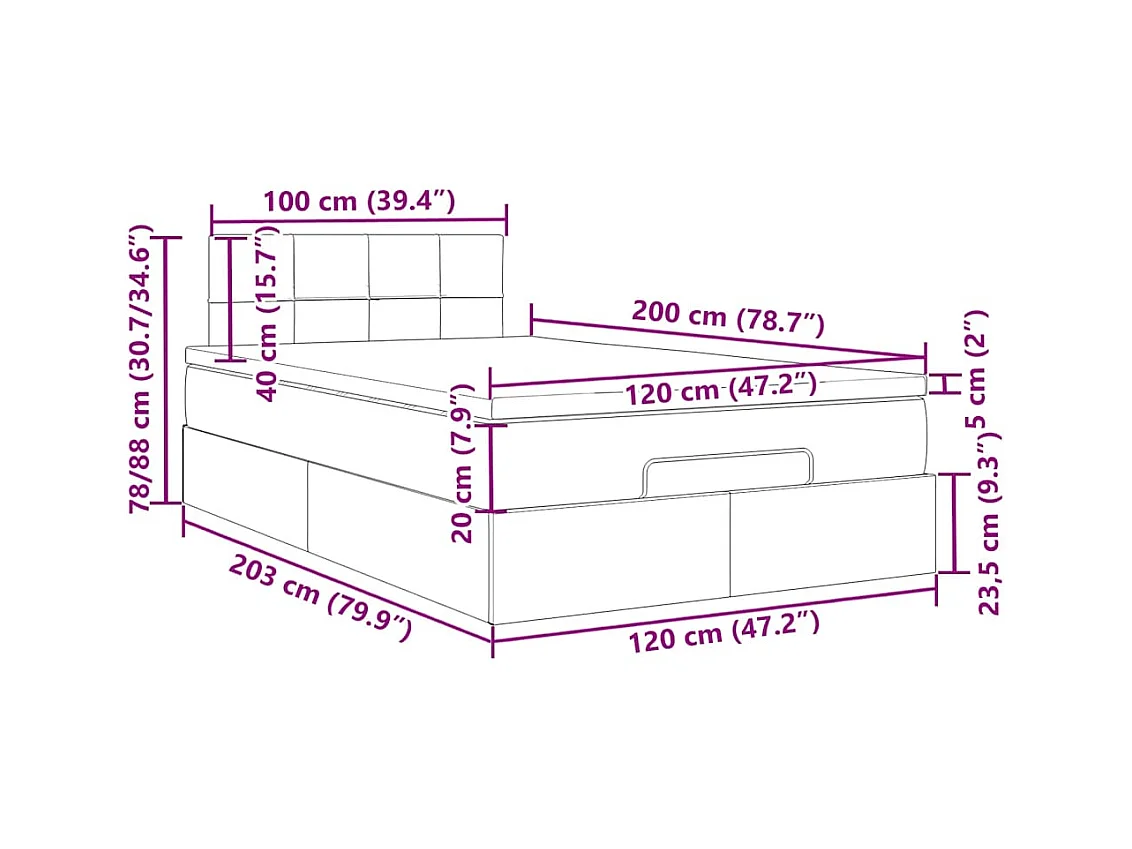 Cadre de lit ottoman et matelas gris foncé 120x200 cm velours
