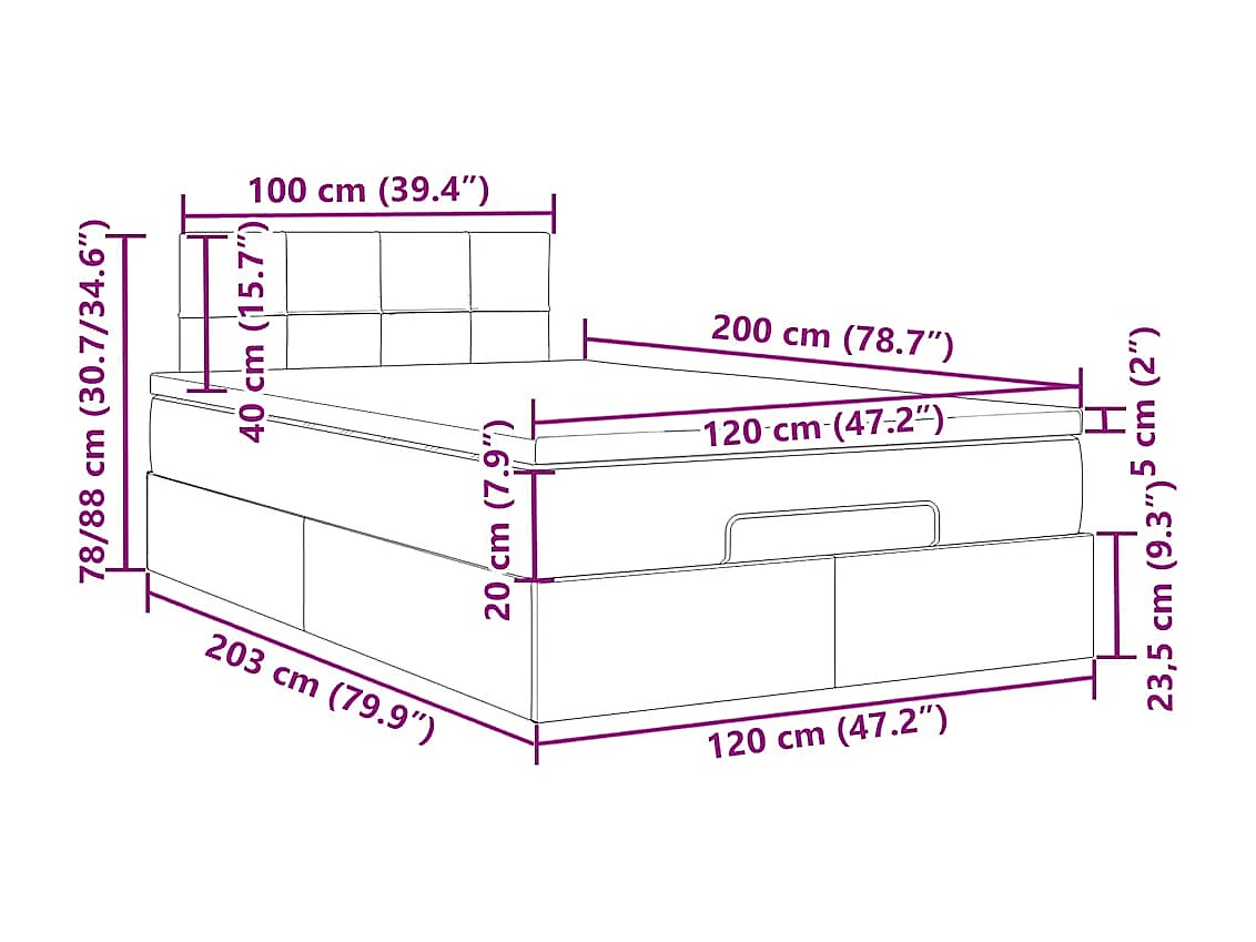 Cadre de lit ottoman et matelas gris foncé 120x200 cm velours