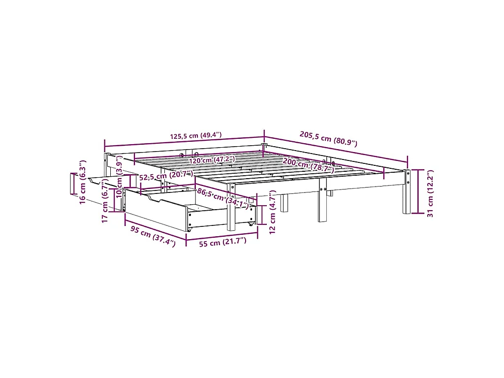 Cadre de lit sans matelas cire marron 120x200cm bois pin massif