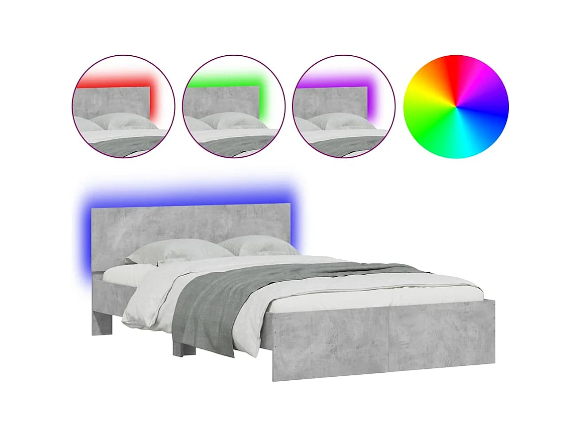 Estrutura cama cabeceira e luzes LED 120x200cm cinzento cimento