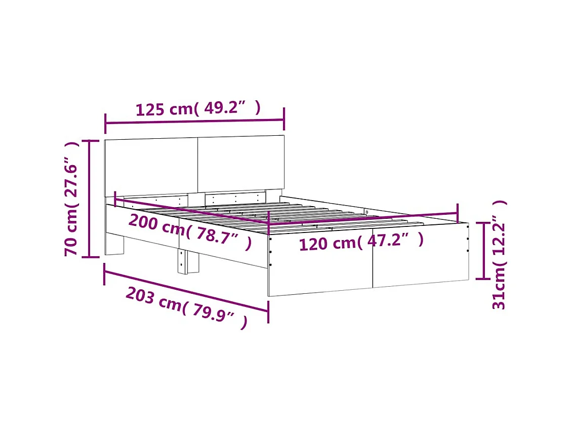 Estrutura cama cabeceira e luzes LED 120x200cm cinzento cimento