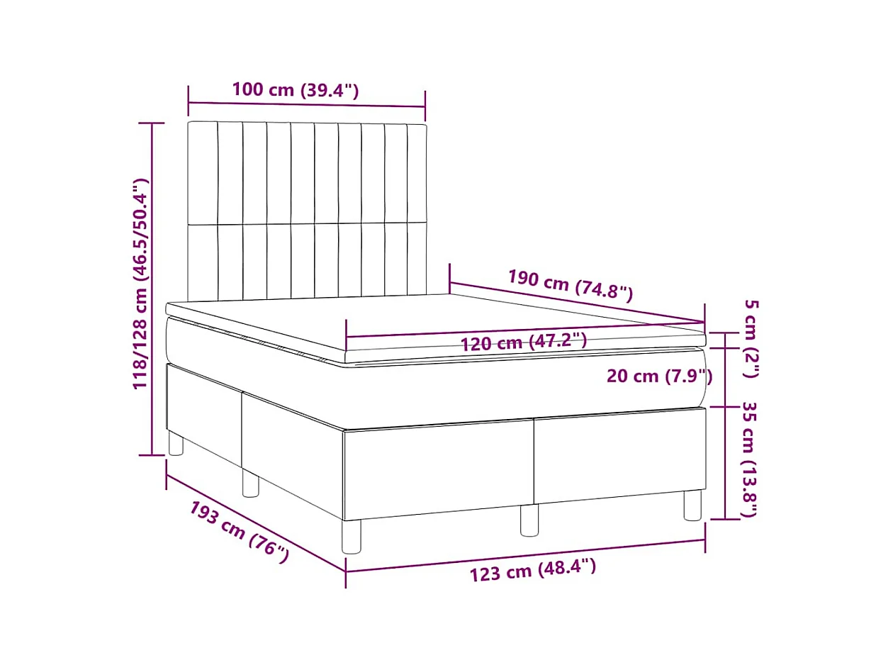 Sommier à lattes de lit matelas et LED taupe 120x190 cm tissu
