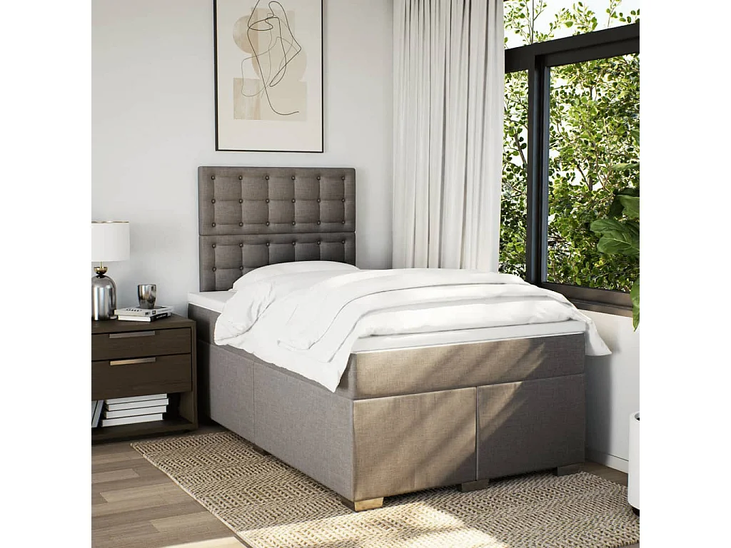 Cama box spring con colchón tela gris taupe 120x190 cm