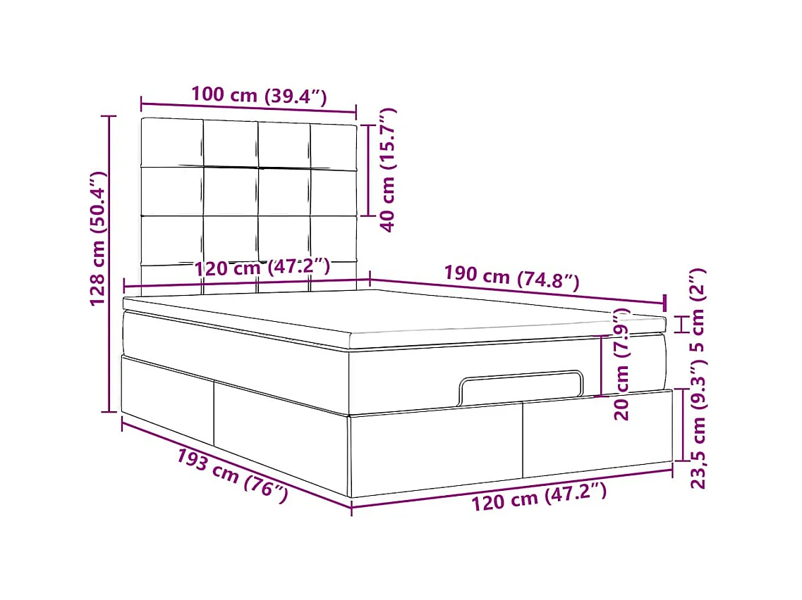 Cadre de lit ottoman avec matelas gris foncé 120x190 cm tissu