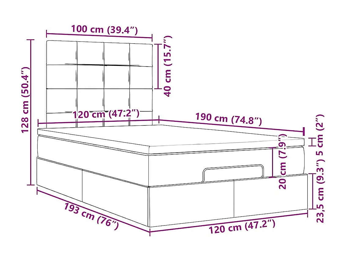 Cadre de lit ottoman avec matelas gris foncé 120x190 cm tissu