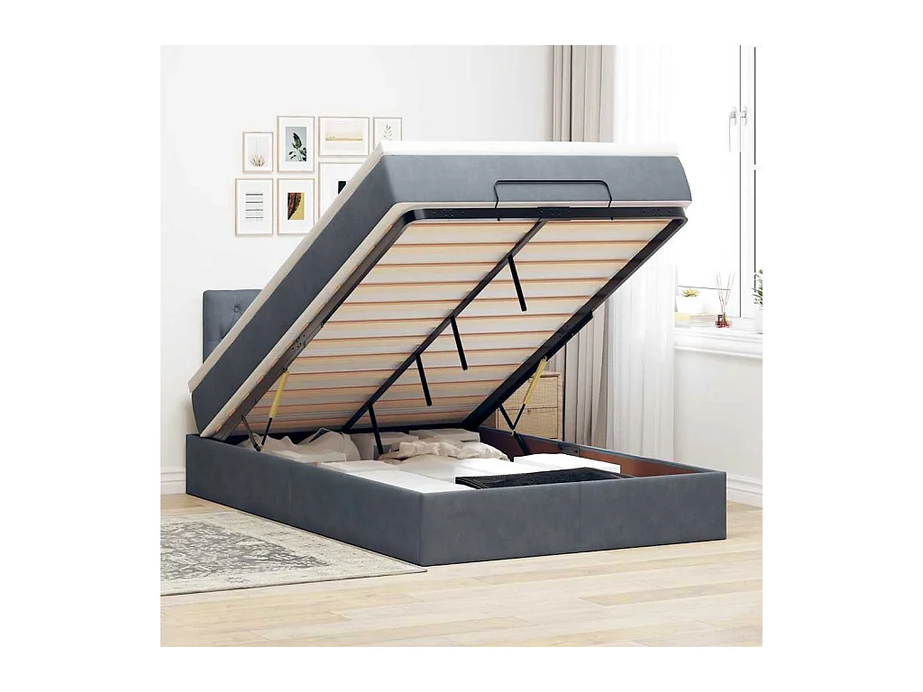 Lit ottoman avec matelas gris foncé 120x190 cm velours