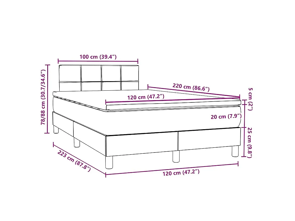 Sommier à lattes de lit avec matelas et LED rose 120x220 cm velours