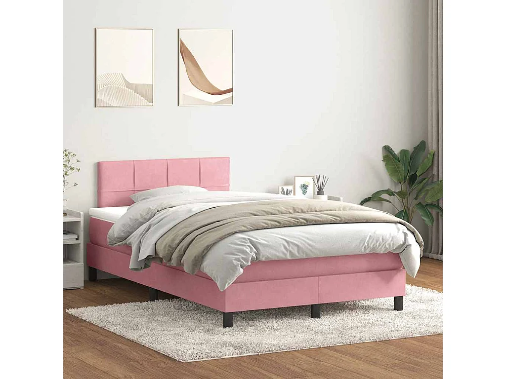 Sommier à lattes de lit avec matelas et LED rose 120x220 cm velours