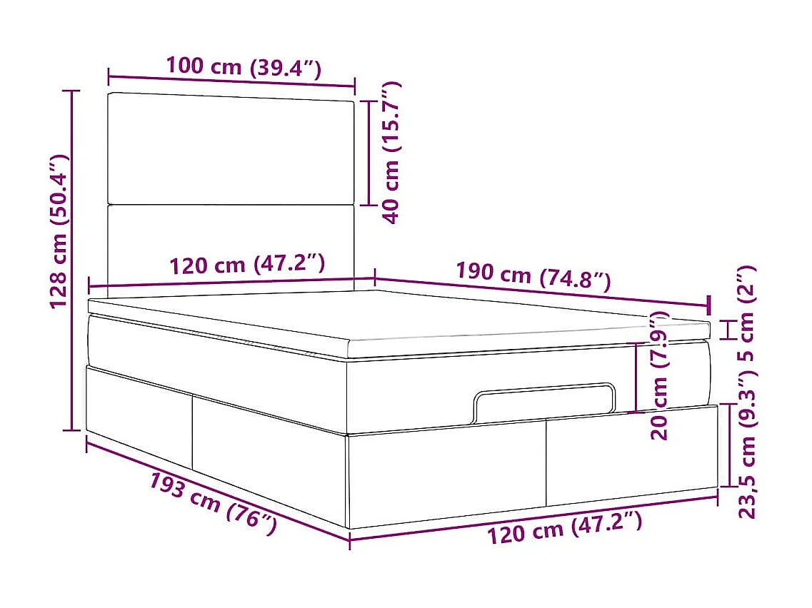 Cadre de lit ottoman avec matelas taupe 120x190 cm tissu