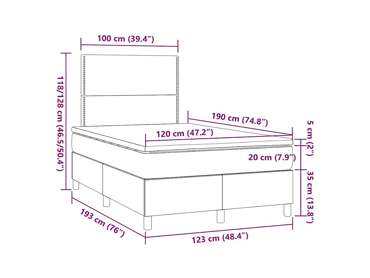 Sommier à lattes de lit matelas et LED bleu 120x190 cm tissu