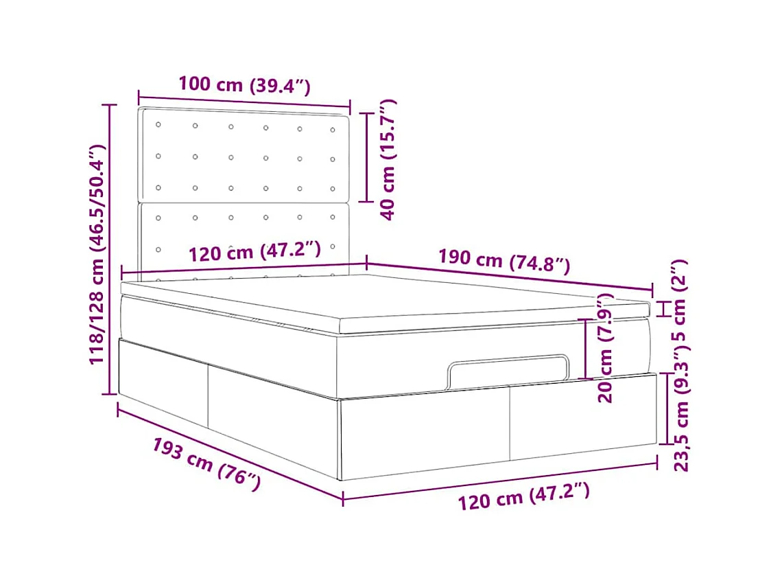 Cadre de lit ottoman avec matelas gris clair 120x190 cm velours