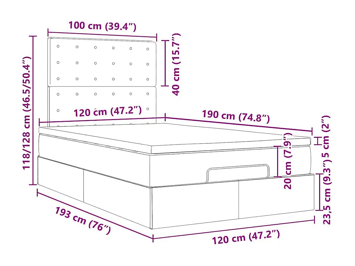 Ottoman bed met matrassen 120x190cm fluweel lichtgrijs