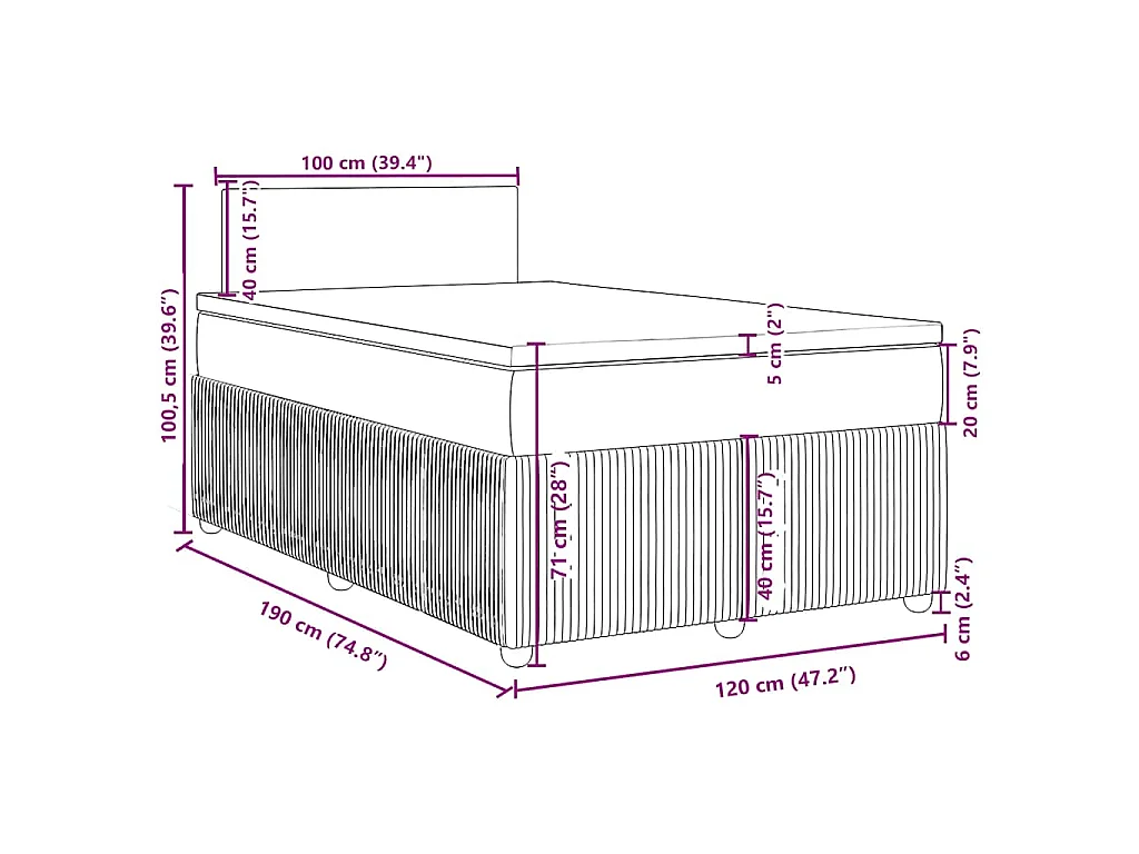 Cama box spring con colchón terciopelo negro 120x190 cm