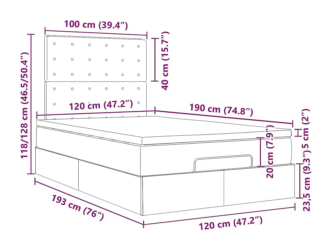 Cadre de lit ottoman avec matelas taupe 120x190 cm tissu