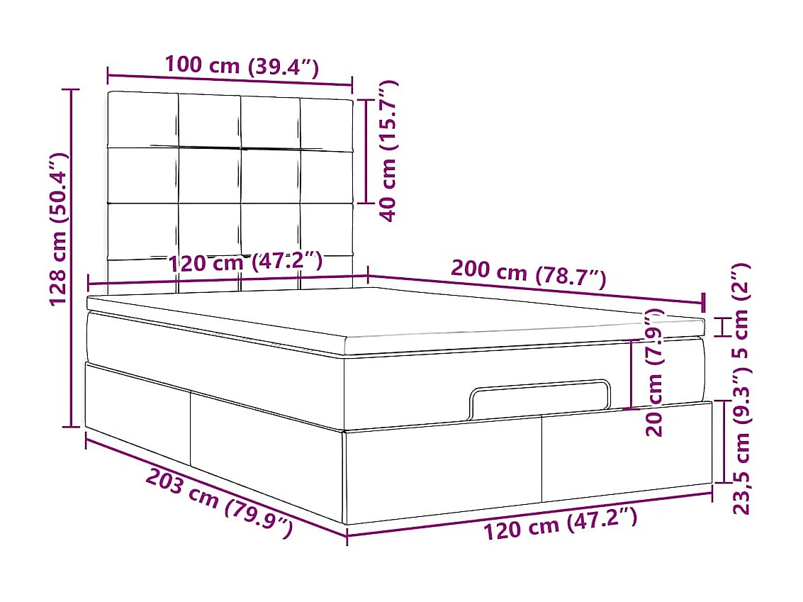Cadre de lit ottoman et matelas gris foncé 120x200 cm velours