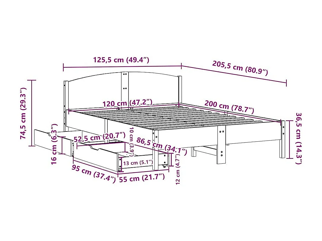 Cama sin colchón madera maciza de pino marrón cera 120x200 cm