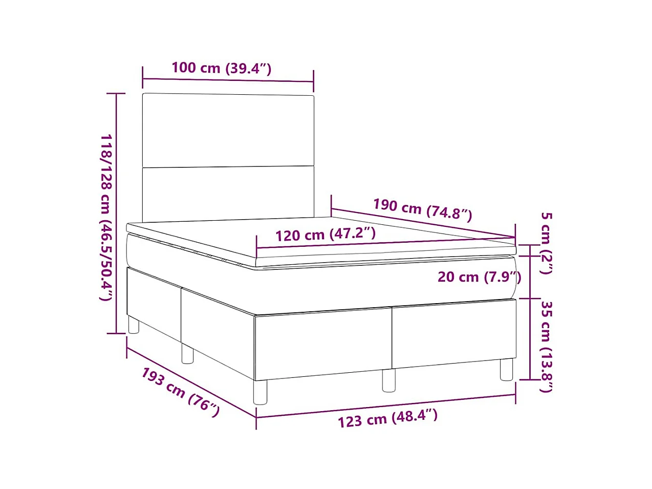 Sommier à lattes de lit matelas et LED bleu 120x190 cm tissu