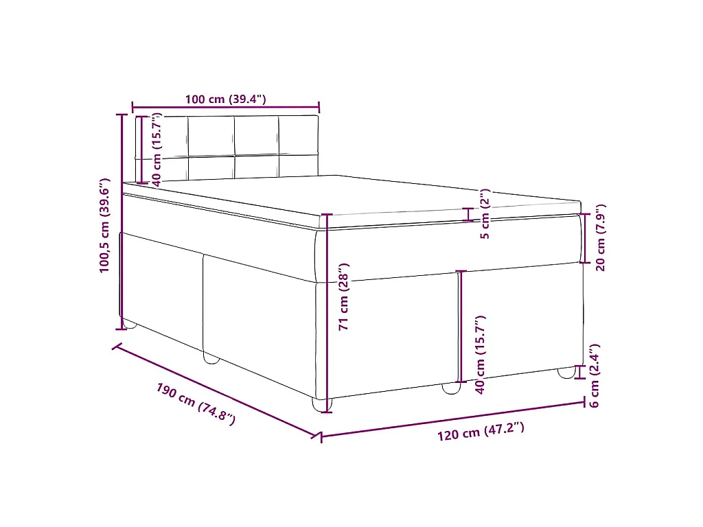 Cama box spring con colchón tela azul 120x190 cm