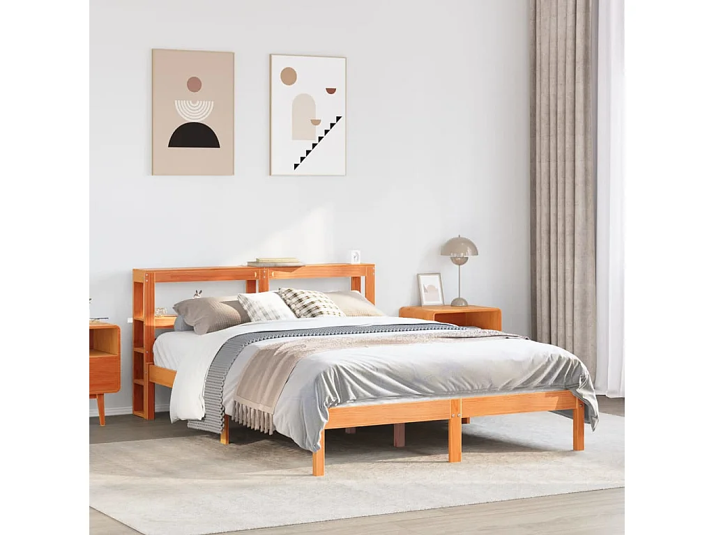 Estructura cama con cabecero madera pino marrón cera 120x190 cm
