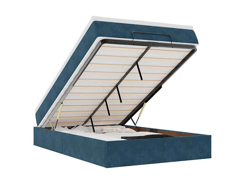 Estructura de cama otomana colchón terciopelo azul oscuro