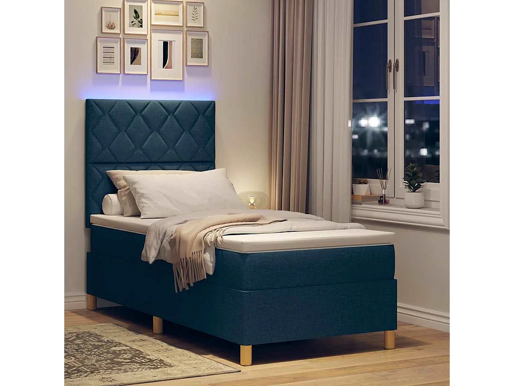 Lit à ressort LED avec tête de lit Bleu 100 x 200 cm tissu