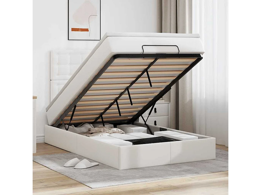 Cadre de lit ottoman avec matelas blanc 120x200 cm similicuir