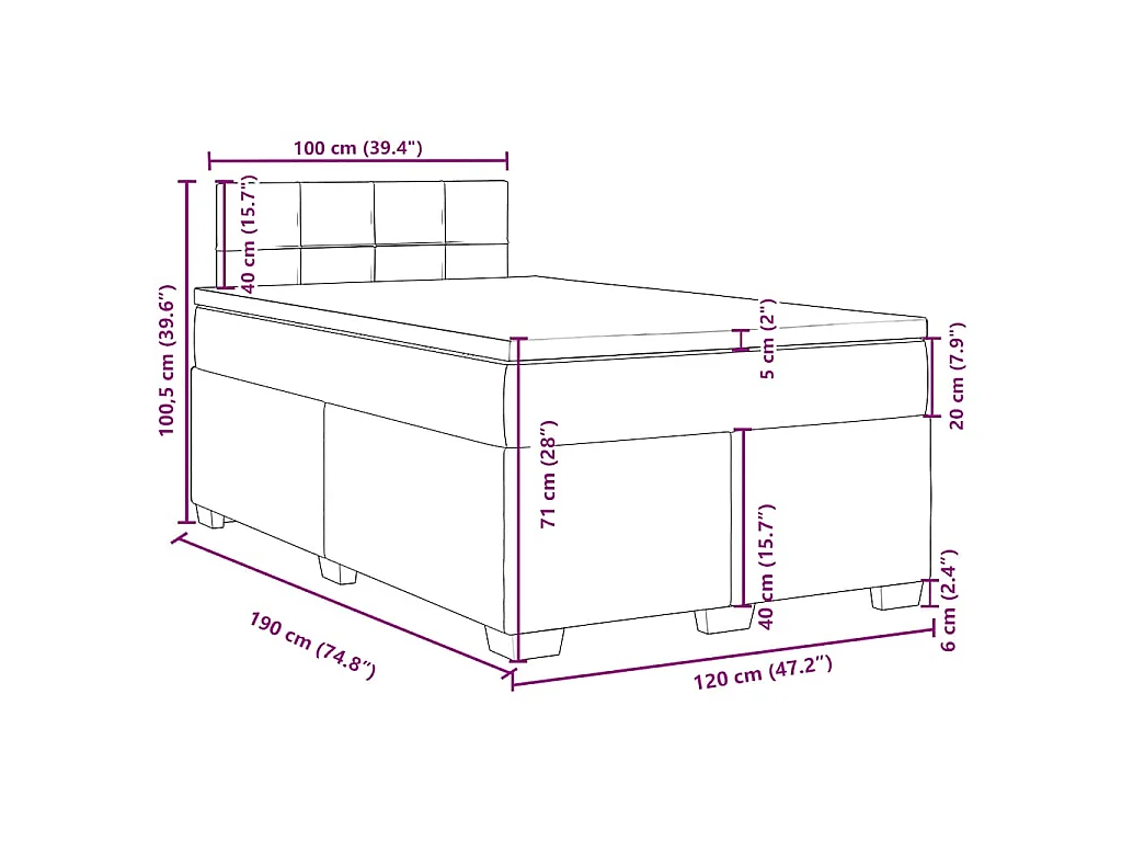 Cama box spring con colchón terciopelo azul oscuro 120x190 cm