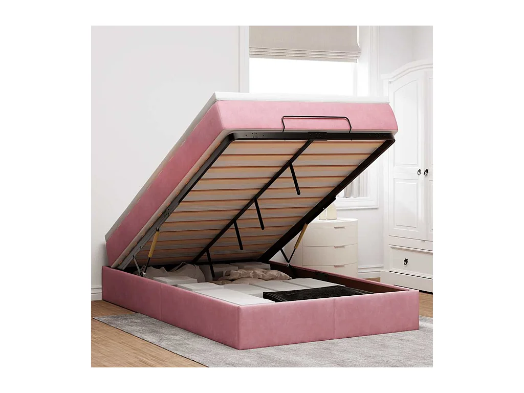 Lit ottoman avec matelas rose 120x190 cm velours