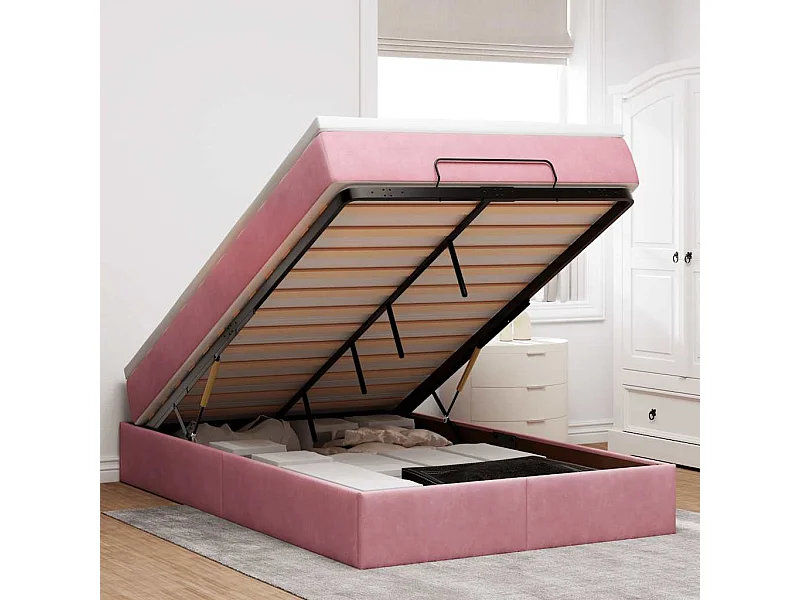 Cama otomana con colchón terciopelo rosa 120x190 cm
