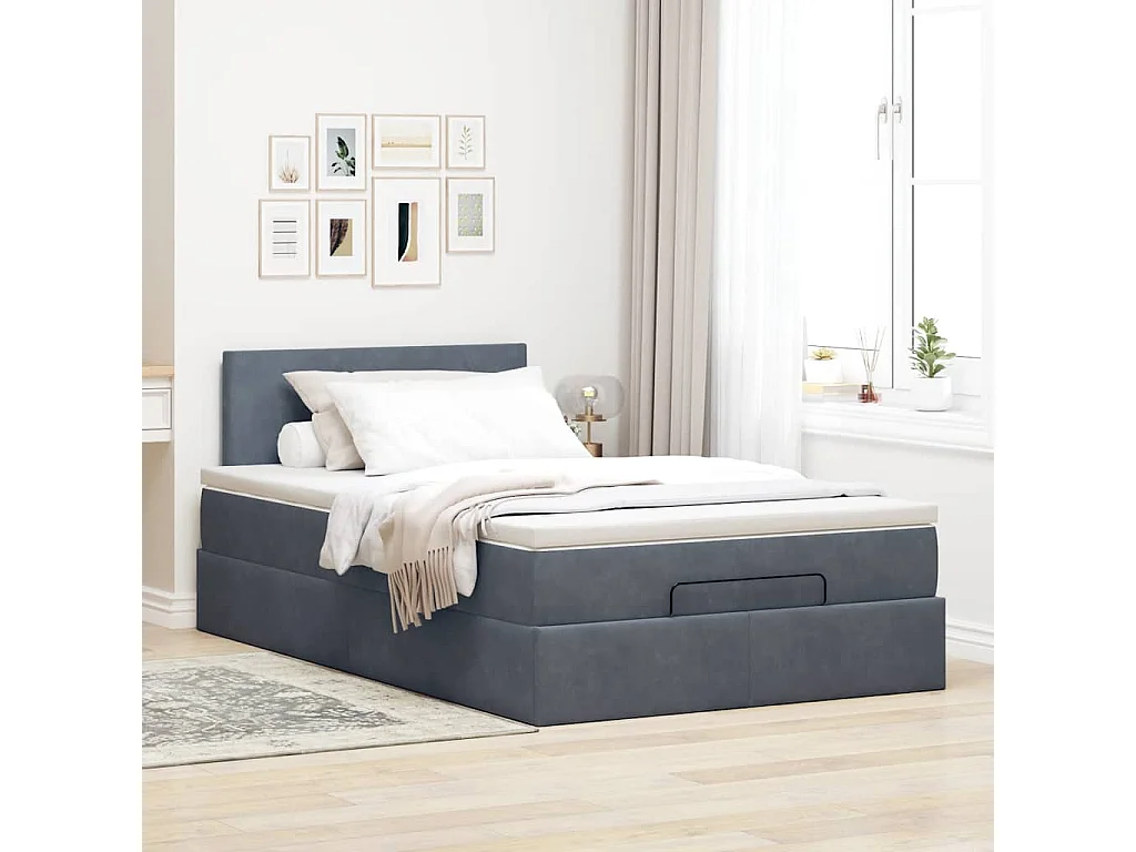Estructura cama otomana colchón terciopelo gris oscuro