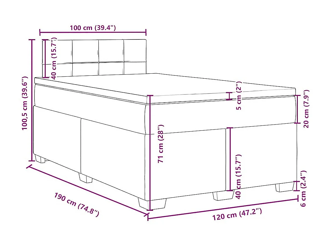 Cama box spring con colchón terciopelo azul 120x190 cm