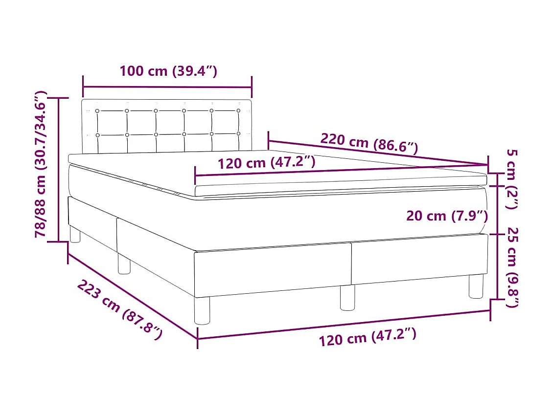 Letto a Molle con Materasso e LED Rosa 120x220 cm in Velluto