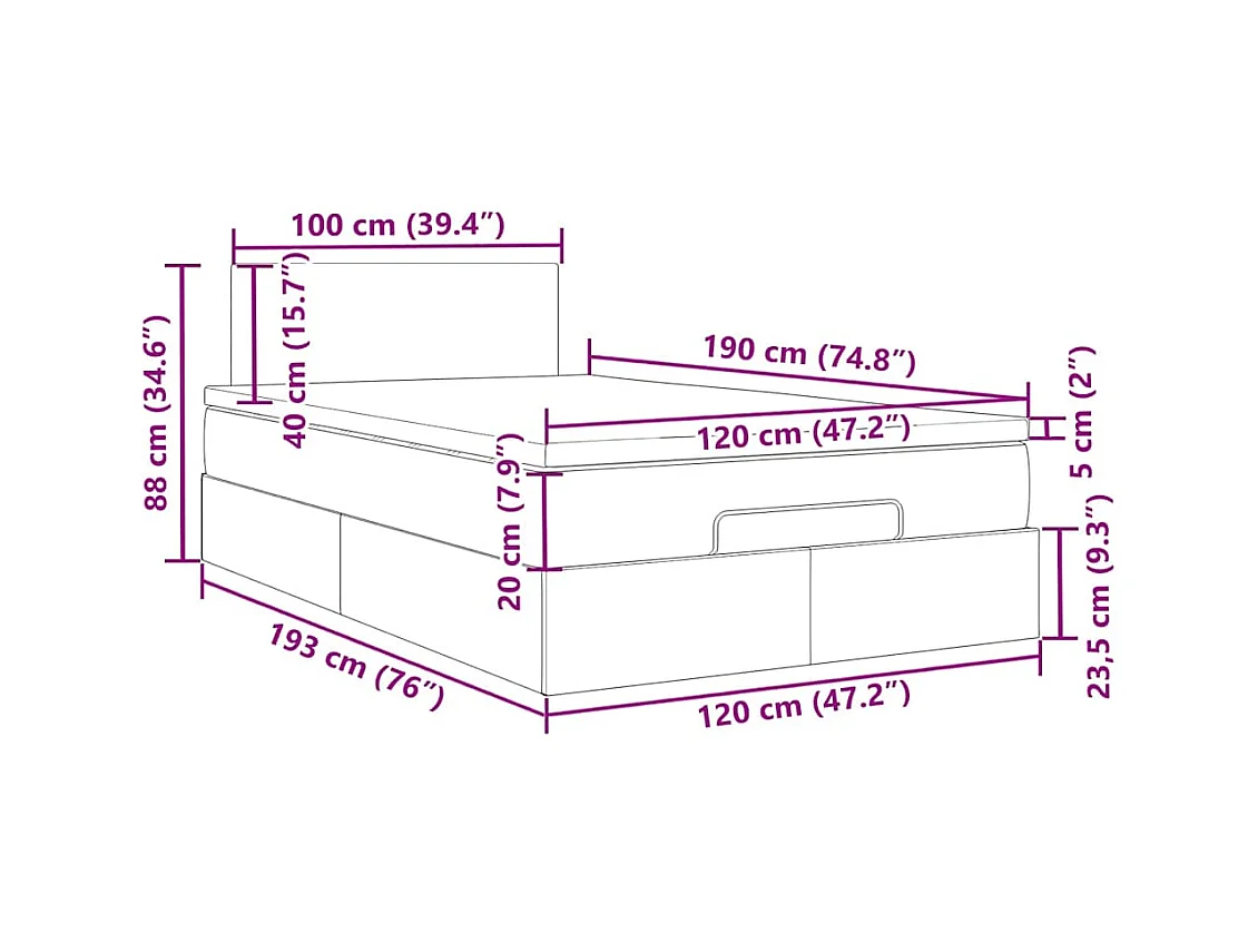 Lit ottoman avec matelas gris foncé 120x190 cm velours