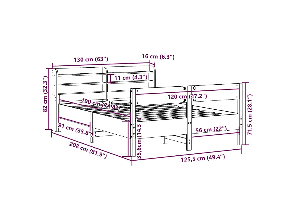 Bedframe zonder matras massief grenenhout wasbruin 120x190 cm