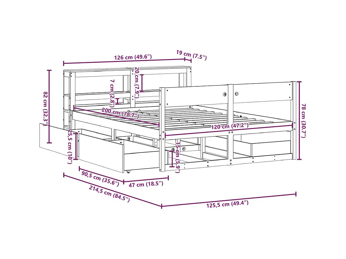 Cadre de lit sans matelas cire marron 120x190cm bois pin massif