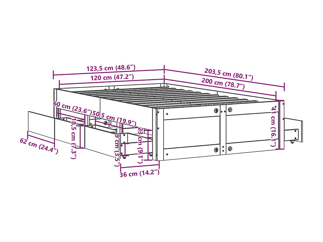 Cadre de lit sans matelas avec tiroirs 120x200 cm bois pin