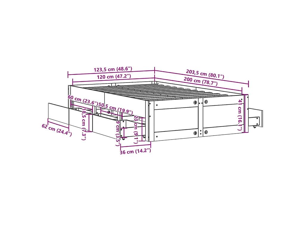 Cadre de lit sans matelas avec tiroirs 120x200 cm bois pin