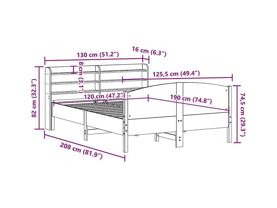 Estructura de cama sin colchón madera maciza de pino 120x190 cm