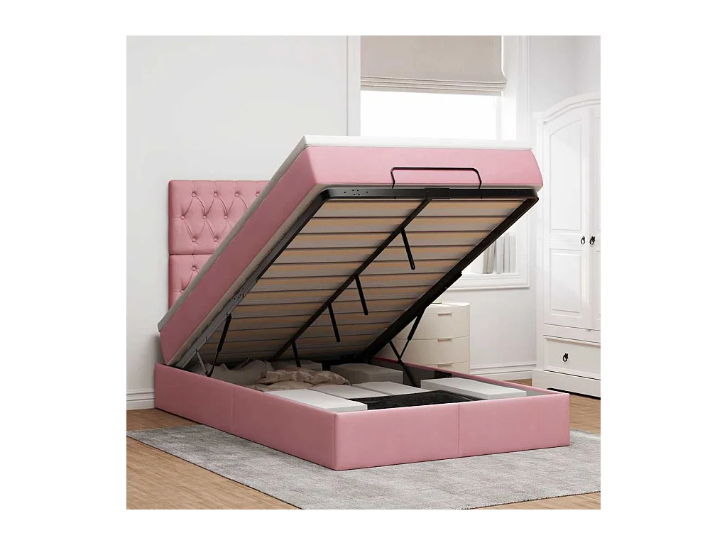 Cadre de lit ottoman avec matelas rose 120x190 cm velours