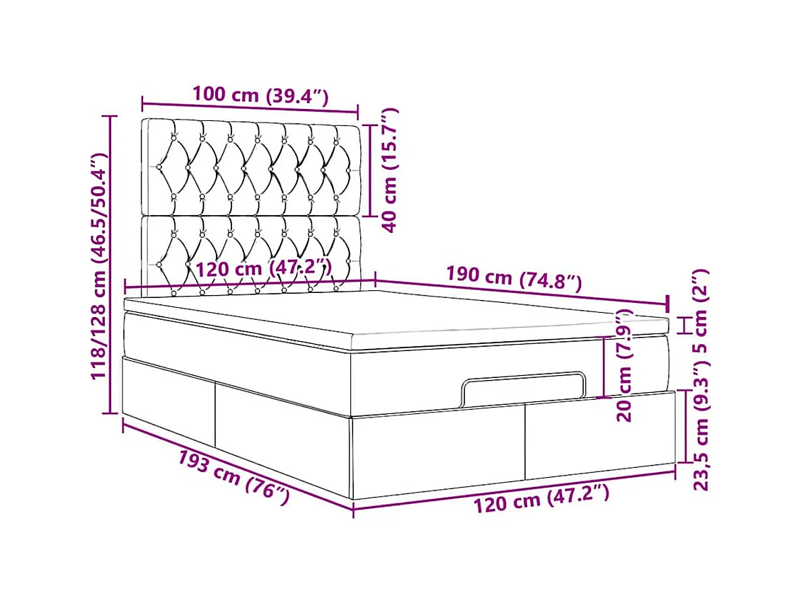 Cadre de lit ottoman avec matelas rose 120x190 cm velours