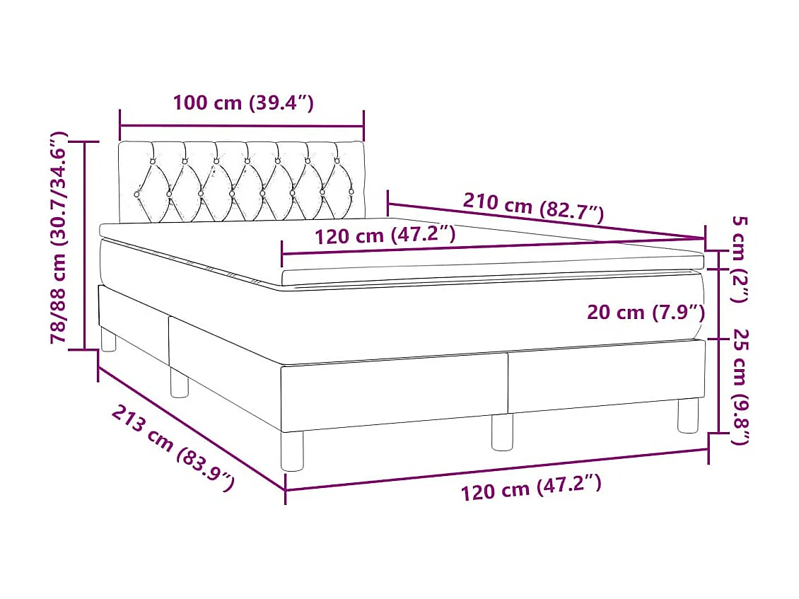 Cama box spring c/ colchão e LED 120x210 cm veludo cinzento-claro