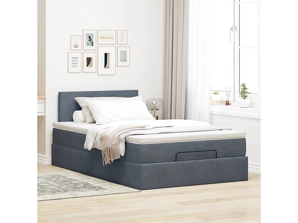 Cama otomana con colchón y LED terciopelo gris oscuro 120x190cm